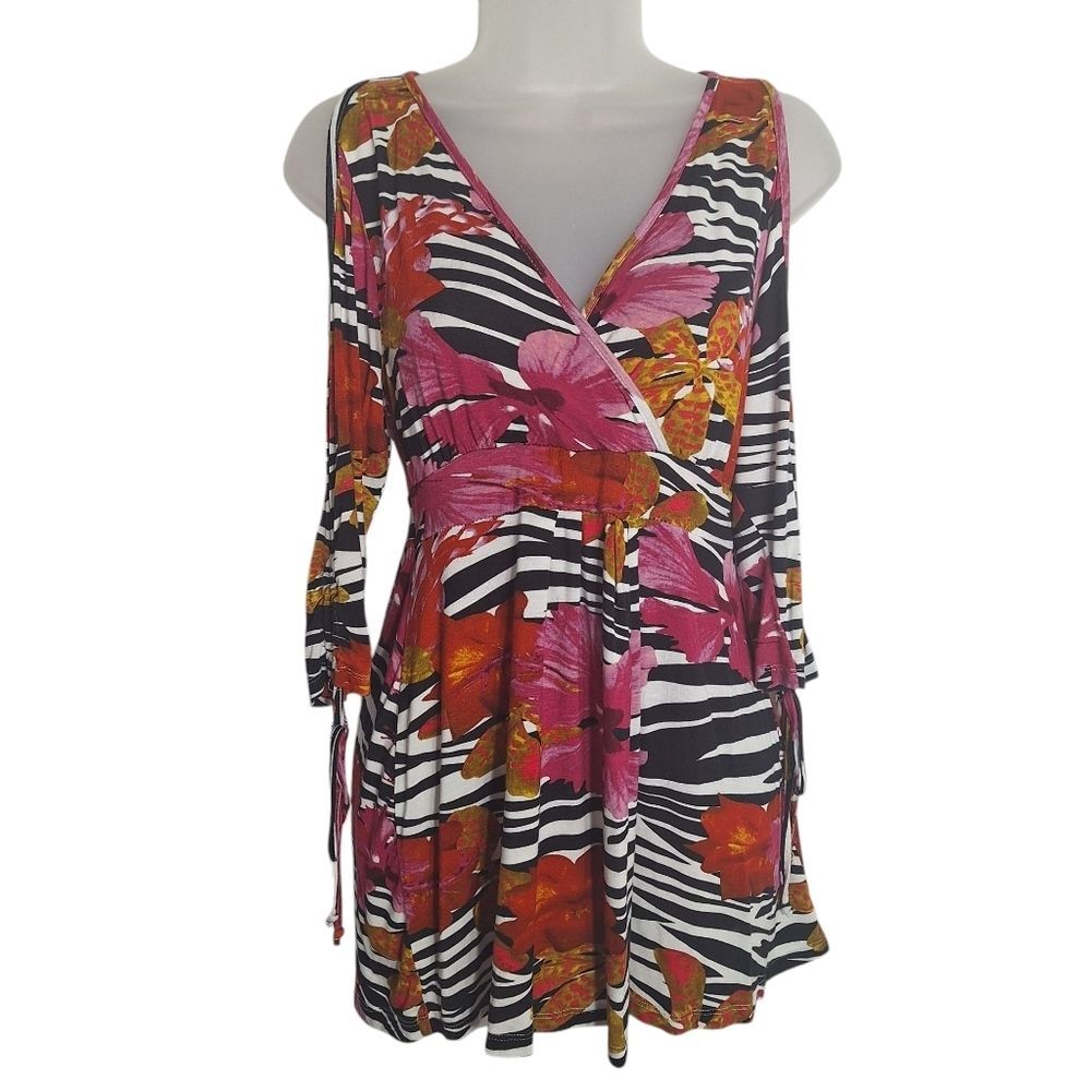Boston Proper Mini Dress Cold Shoulder 3/4 Sleeve Floral Zebra XS Womens